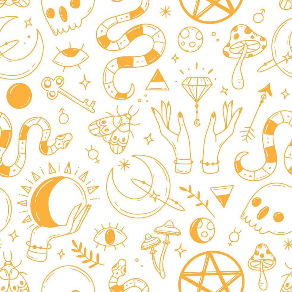 Seamless pattern with black and white magic doodle elements on the theme of esotericism, magic. Vector illustration.