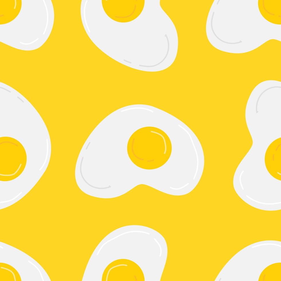 Cute pattern with scrambled eggs on yellow background in cartoon flat style. Vector illustration background.