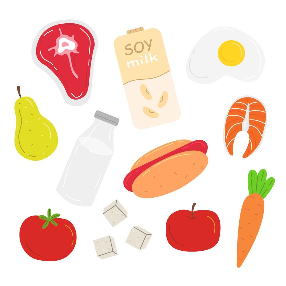 Set with vegan and non-vegan food. Food collection. Vector food illustration.