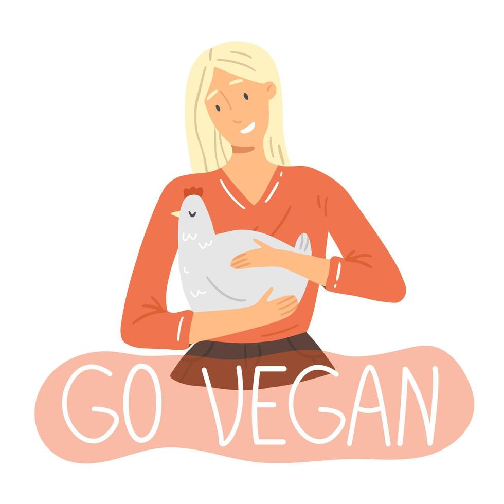 A young girl is holding a chicken in her hands and the inscription go vegan in a pink bubble. Vector illustration on the theme of veganism and vegetarianism.