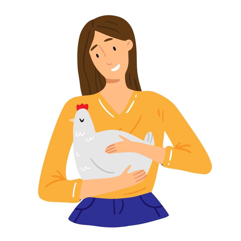 una niña sostiene un pollo en sus manos y sonríe. ilustración vectorial sobre el tema del veganismo y el vegetarianismo. vector