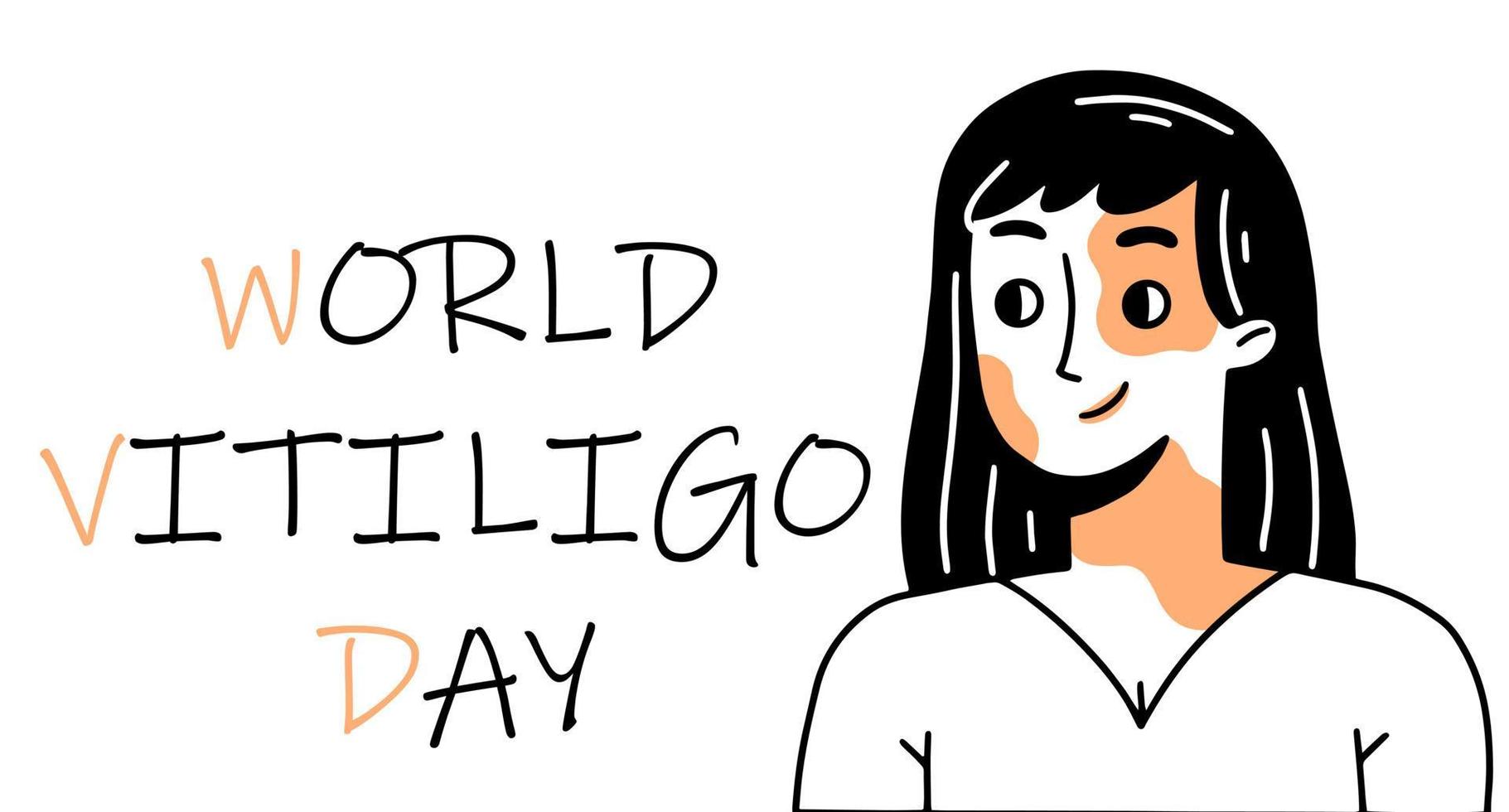 World vitiligo day banner or poster with happy smiling young woman. Character with vitiligo. Vector illustration.