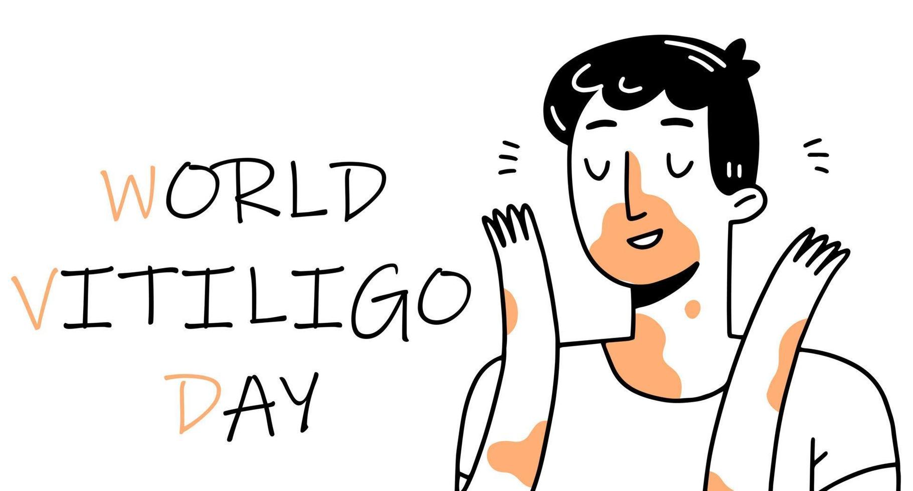 pancarta o afiche del día mundial del vitíligo con un joven feliz. personaje con vitíligo. ilustración vectorial vector