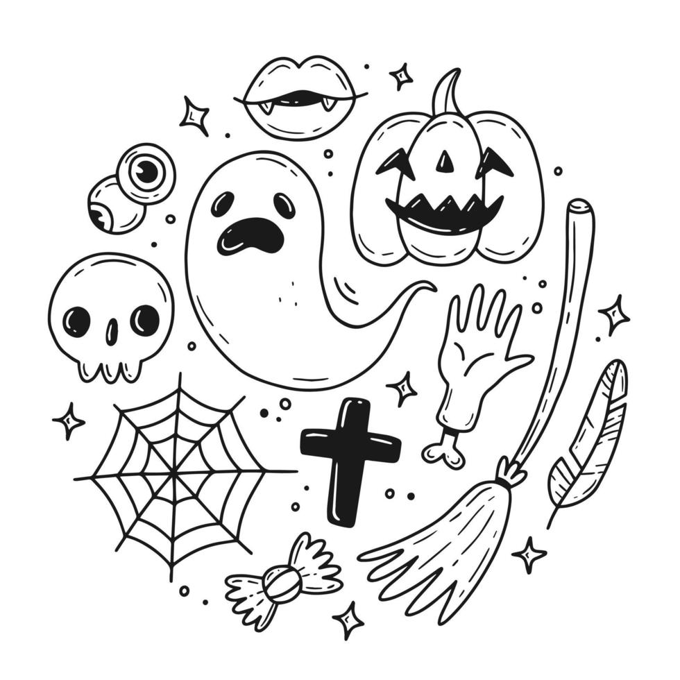 Set of doodle Halloween in the shape of a circle. Vector illustration with isolated elements.