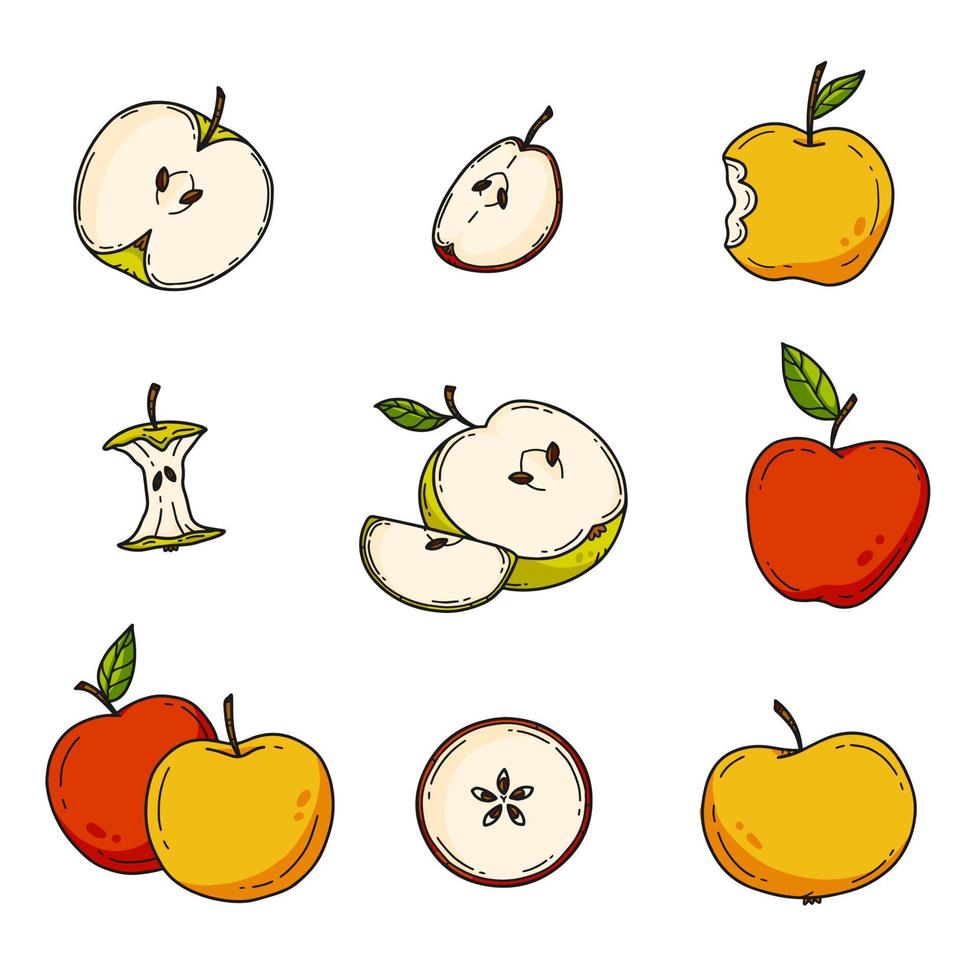 conjunto de manzanas de color estilo doodle. set de frutas. ilustración vectorial aislada en el fondo. vector