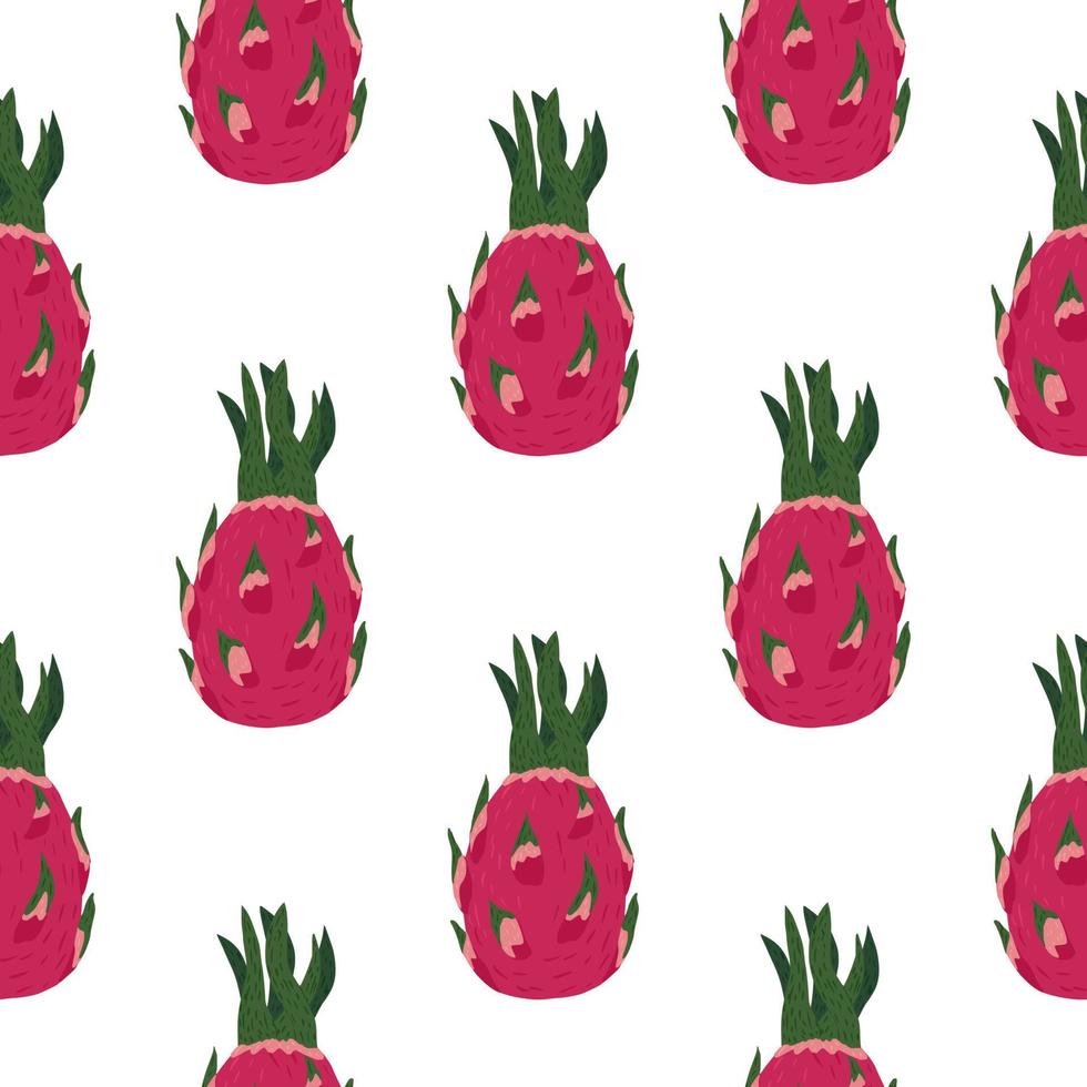 Isolated seamless pattern with dragon fruit pink ornament on white background. Food backdrop. vector