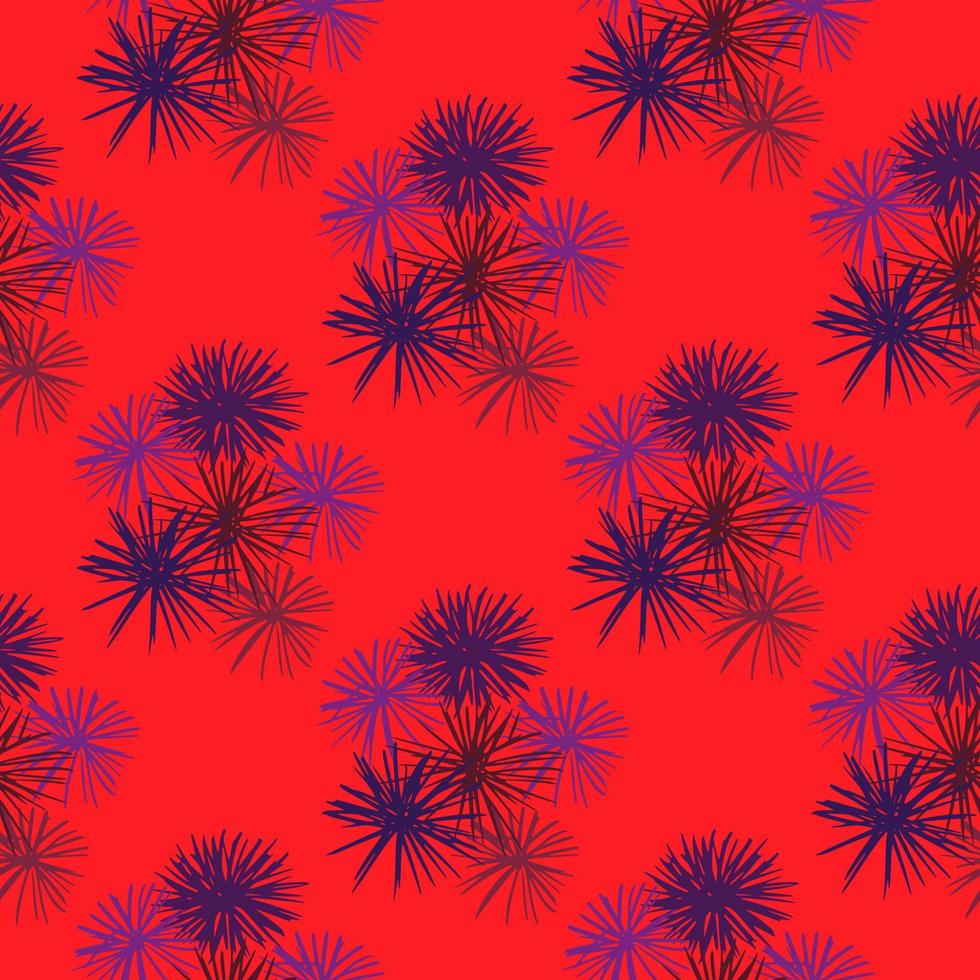 Bright seamless pattern with tropical sea urchins. Purple exotic silhouettes on red background. vector