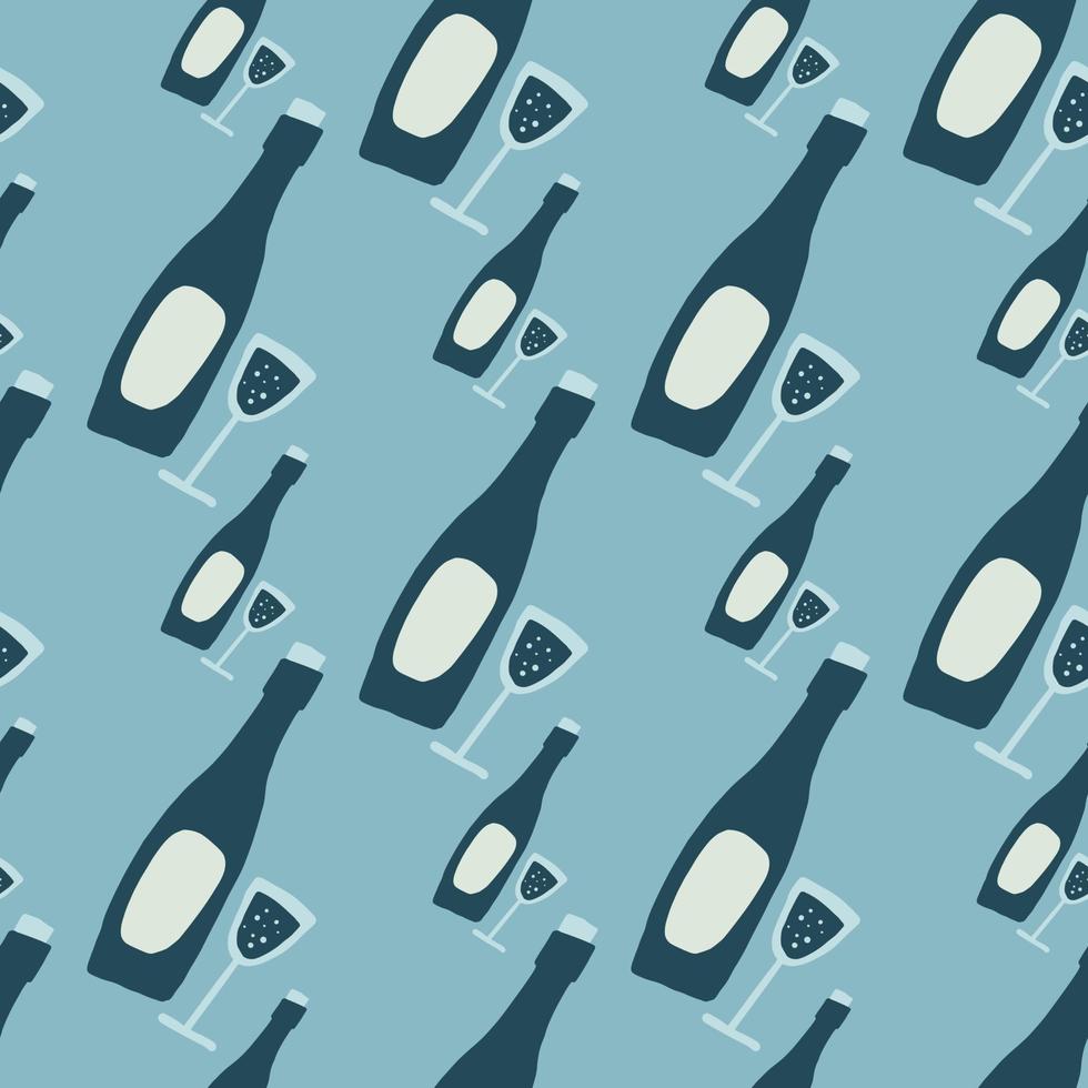 Simple hand drawn wine bottle seamless pattern. Stylized alcohol shapes in navy tone on blue background. vector