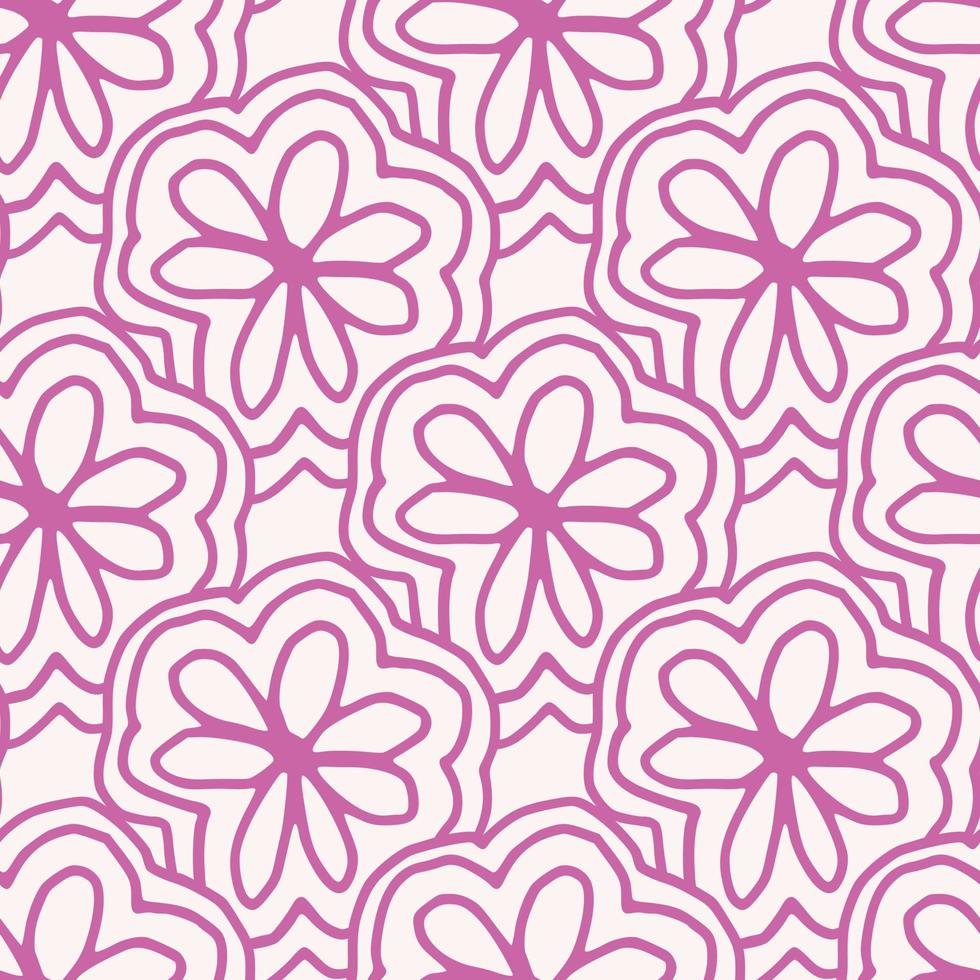 Pretty line art pink flower seamless pattern. Geometric lace floral endless wallpaper. vector