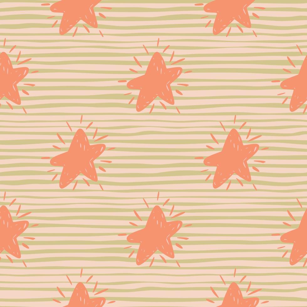 Pastel palette star doodle silhouettes seamless pattern. Pink geometric forms on striped background. vector