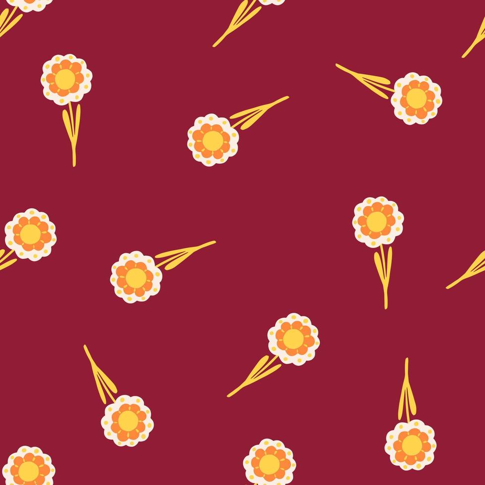 Minimalistic seamless doodle pattern with yellow hand drawn flowers random ornament. Maroon background. vector