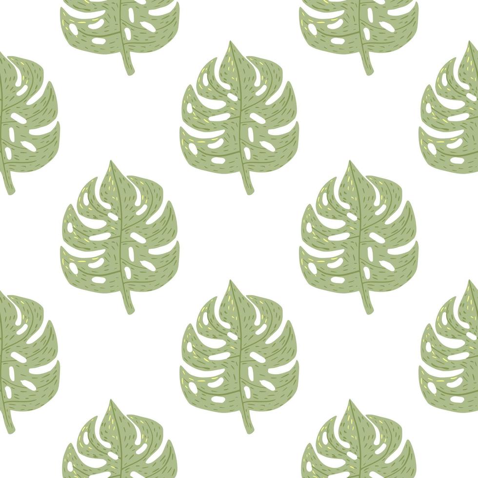 Isolated botanic seamless pattern with doodle green monstera leaves. Tropic backdrop with white background. vector