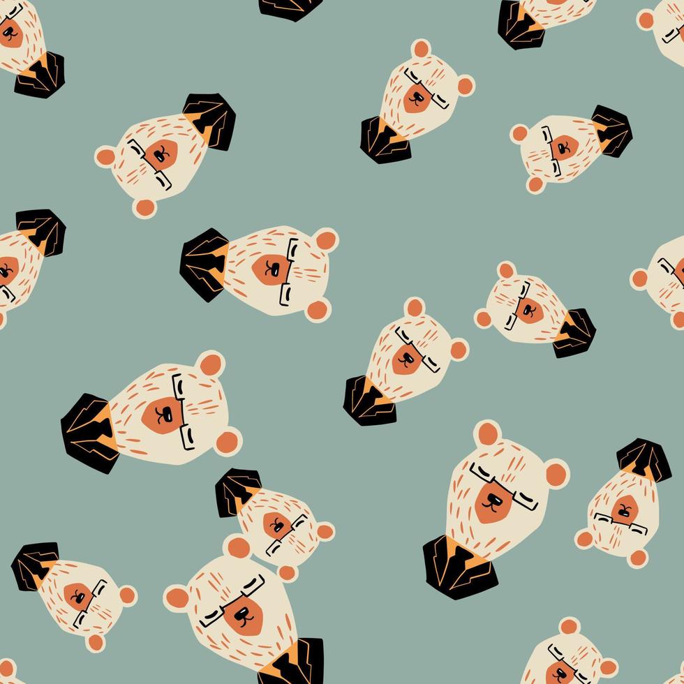 Random kids seamless pattern with doodle business bear head shapes. Pale blue background. Cartoon style. vector