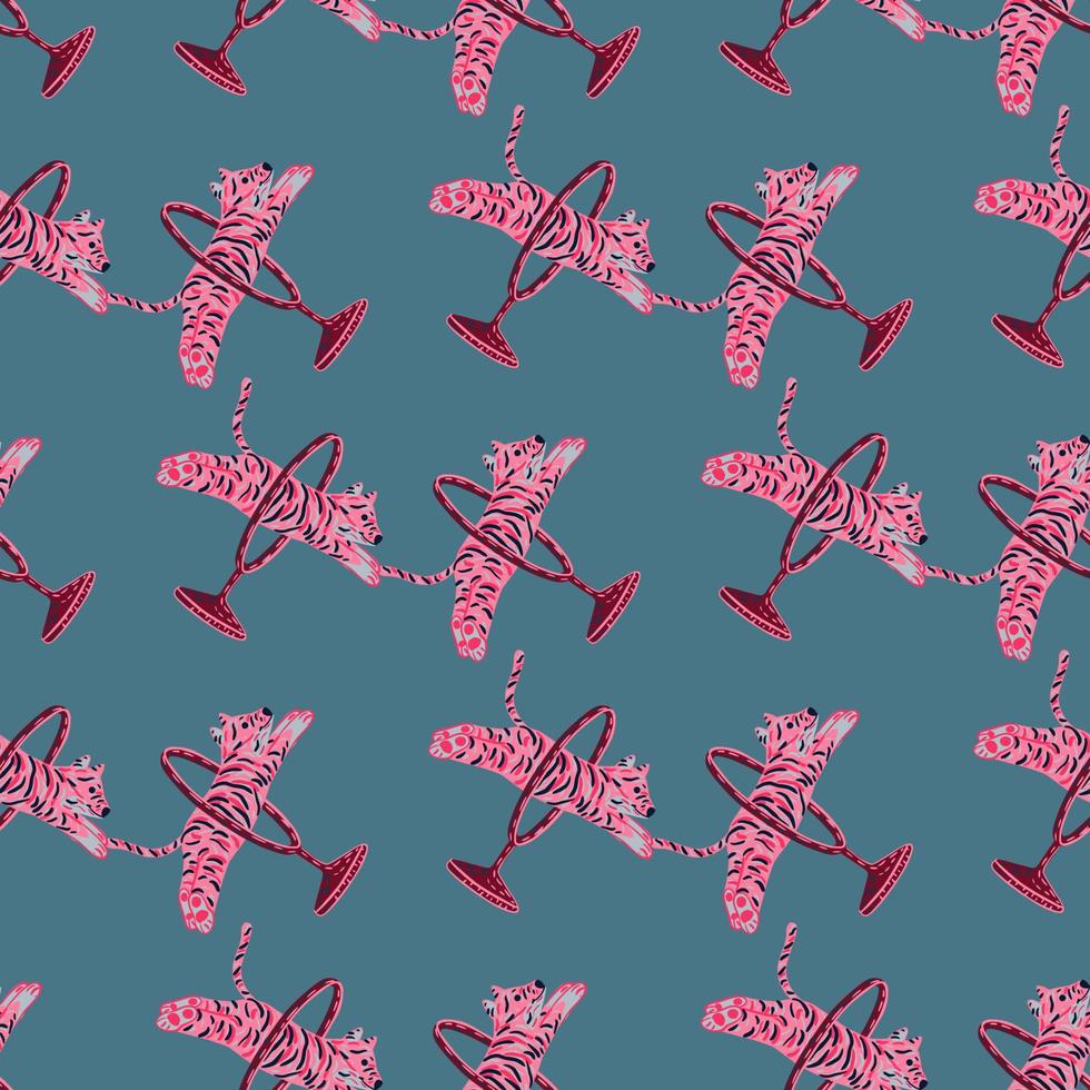 Abstract zoo seamless pattern with pink bright jumping across ring tiger print. Blue pale background. vector
