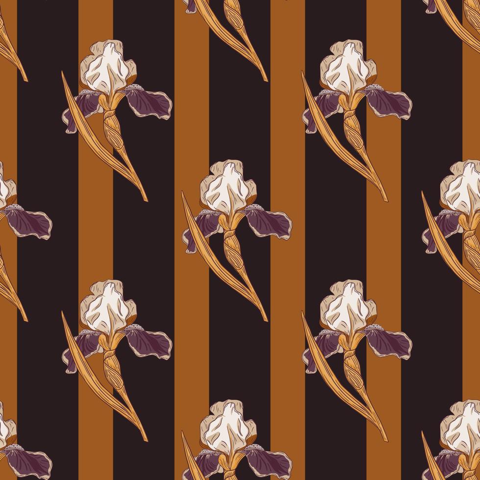 Abstract seamless pattern with decorative iris flower silhouettes. Brown and orange striped background. vector