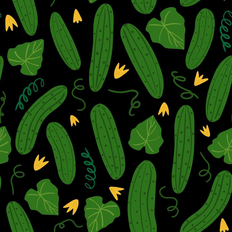 Cucumber seamless pattern on black background. Vegetable wallpaper. vector