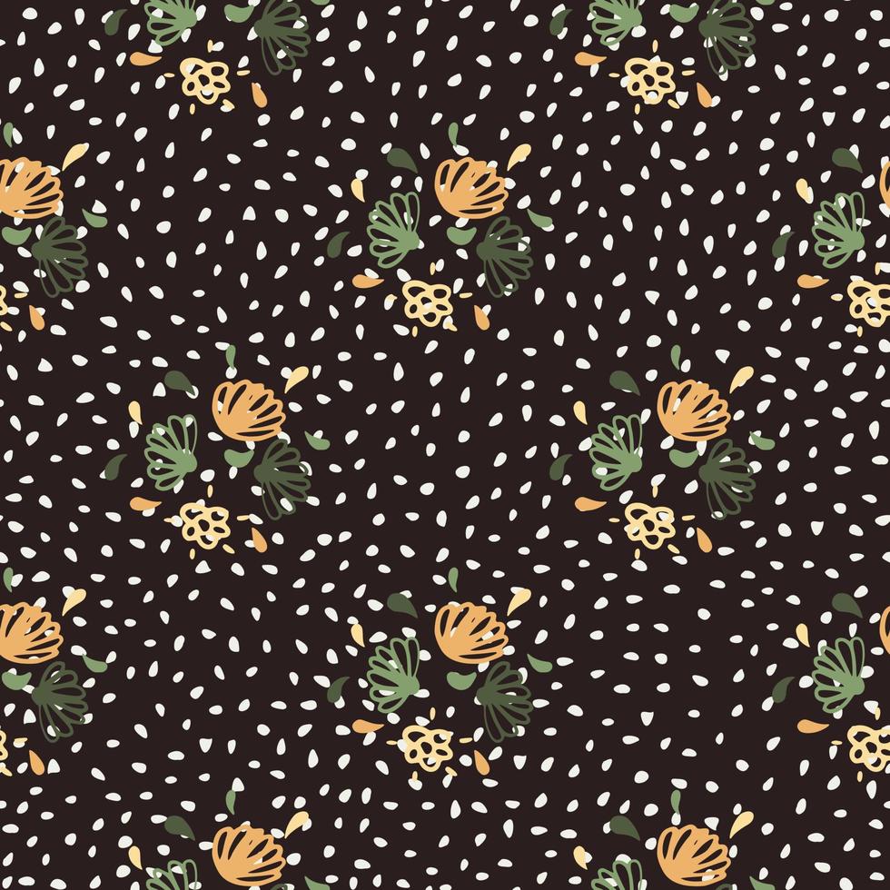 Dark botanic seamless pattern with outline flower silhouettes. Brown dotted background with orange and green flower elements. vector