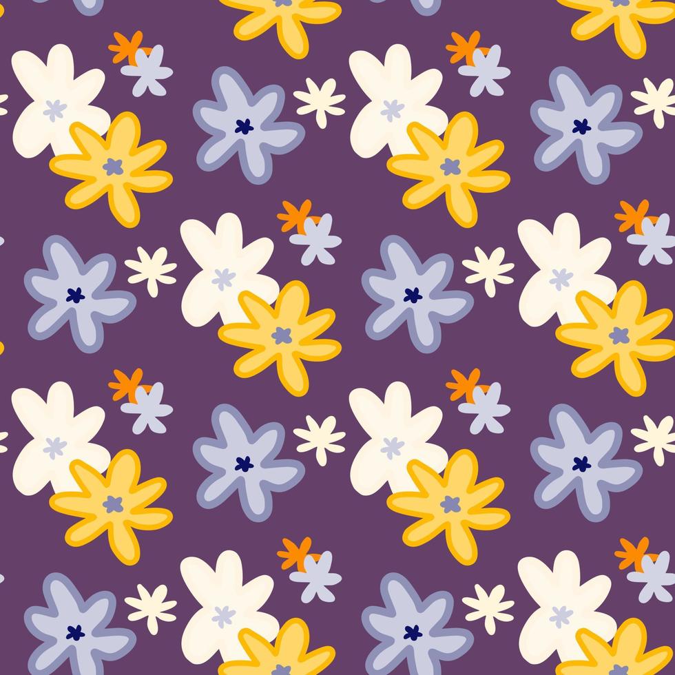 Bright summer seamless patern with chamomile abstract silhouettes on purple background. White, blue and yellow flowers elements. vector