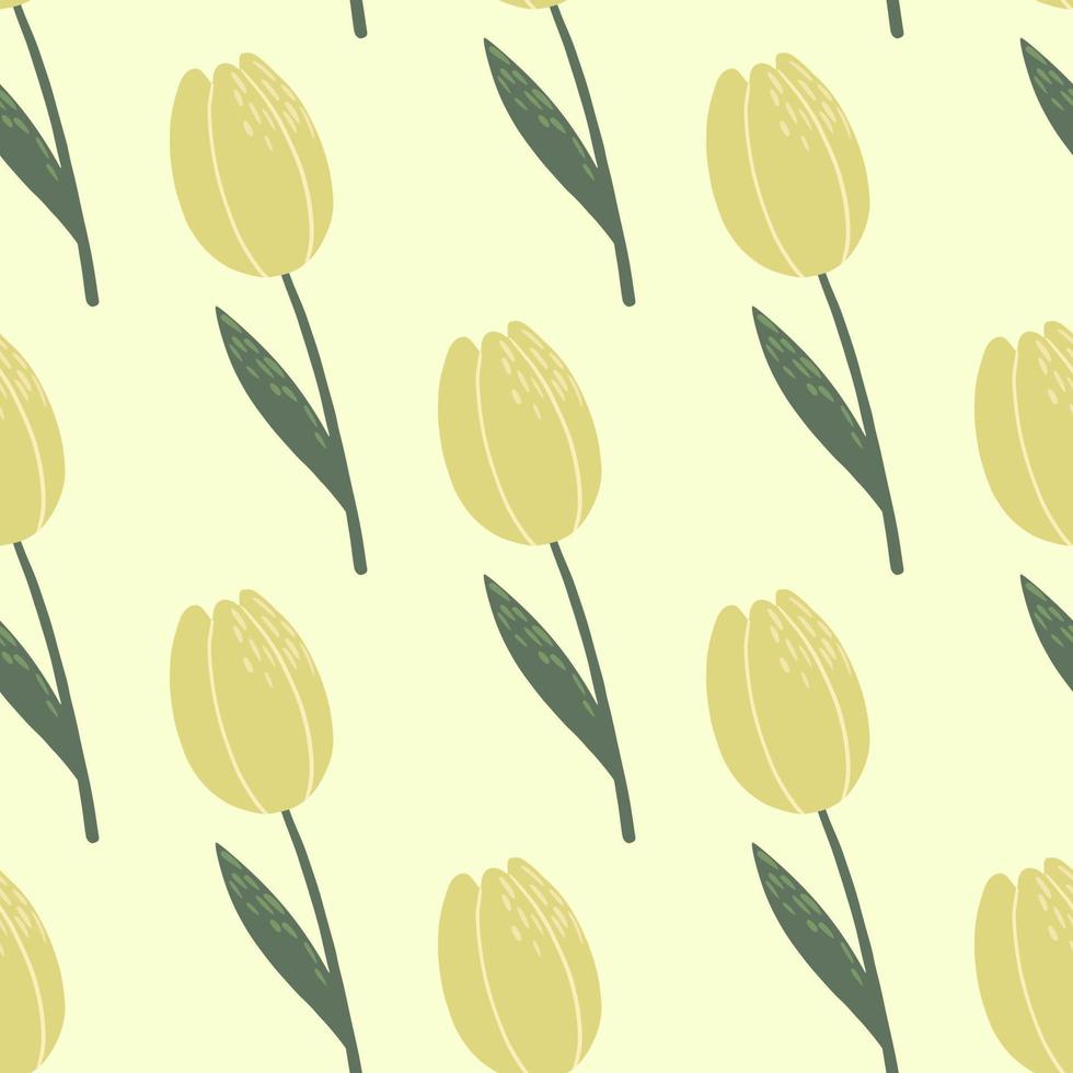 Pale seamless doodle pattern wit tulips silhouettes. Yellow buds with green stems floral ornament. vector