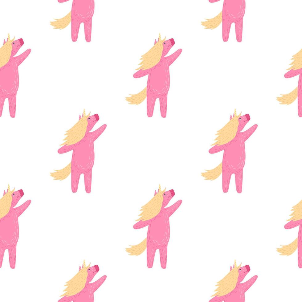 Isolated seamless childish pattern with funny unicorn pink silhouettes, White background. vector