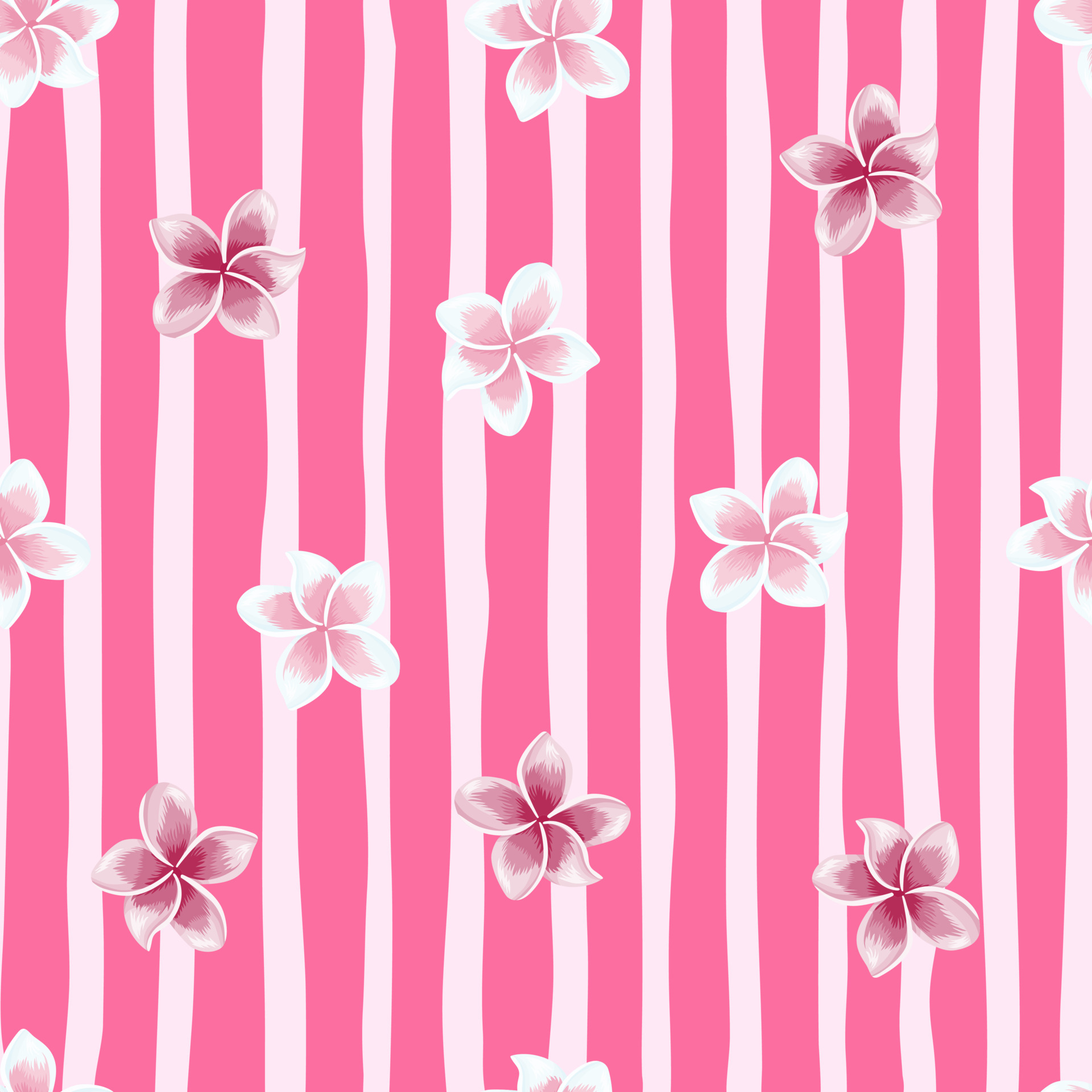 Cute plumeria flower seamless pattern on pink stripe background
