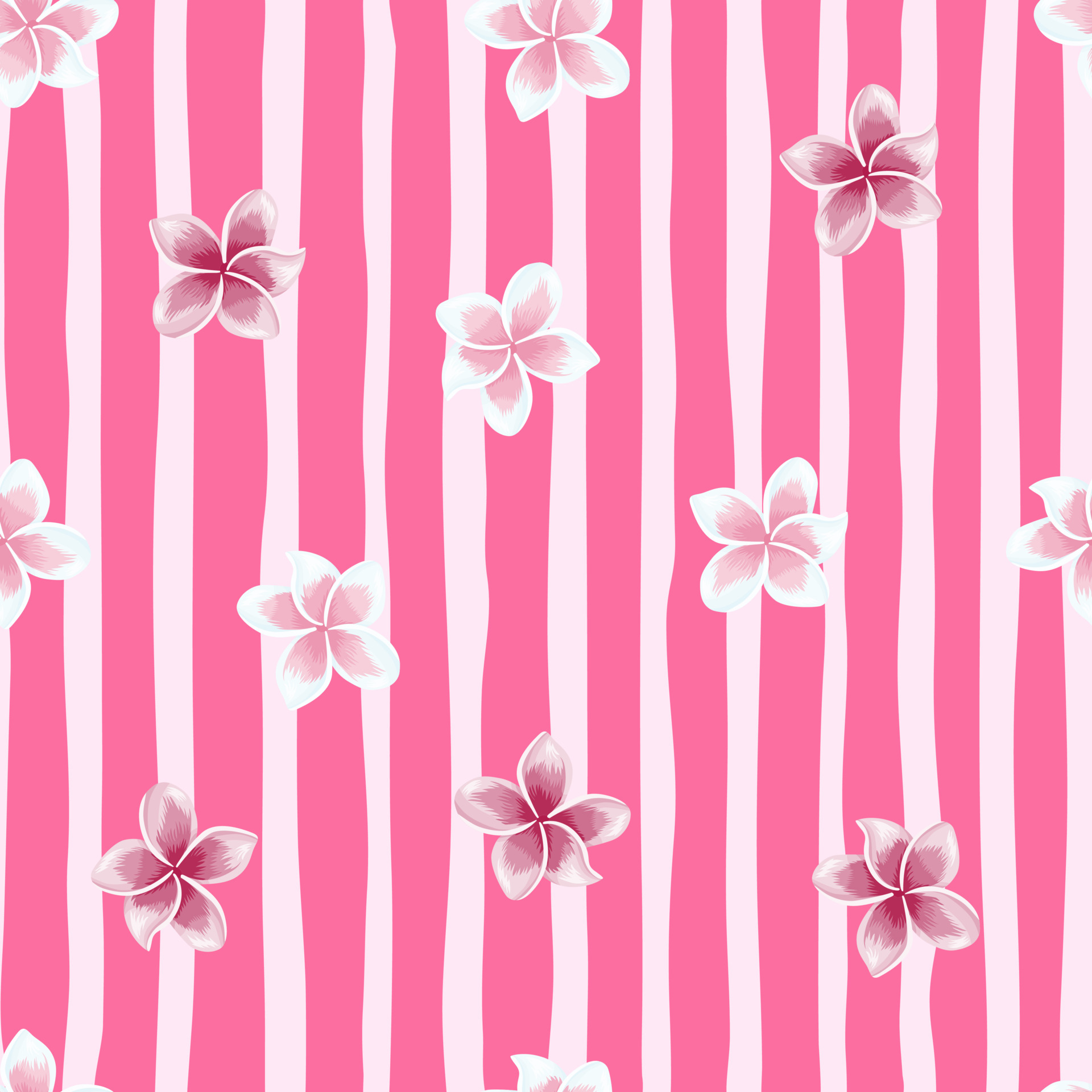 Cute plumeria flower seamless pattern on pink stripe background. Exotic