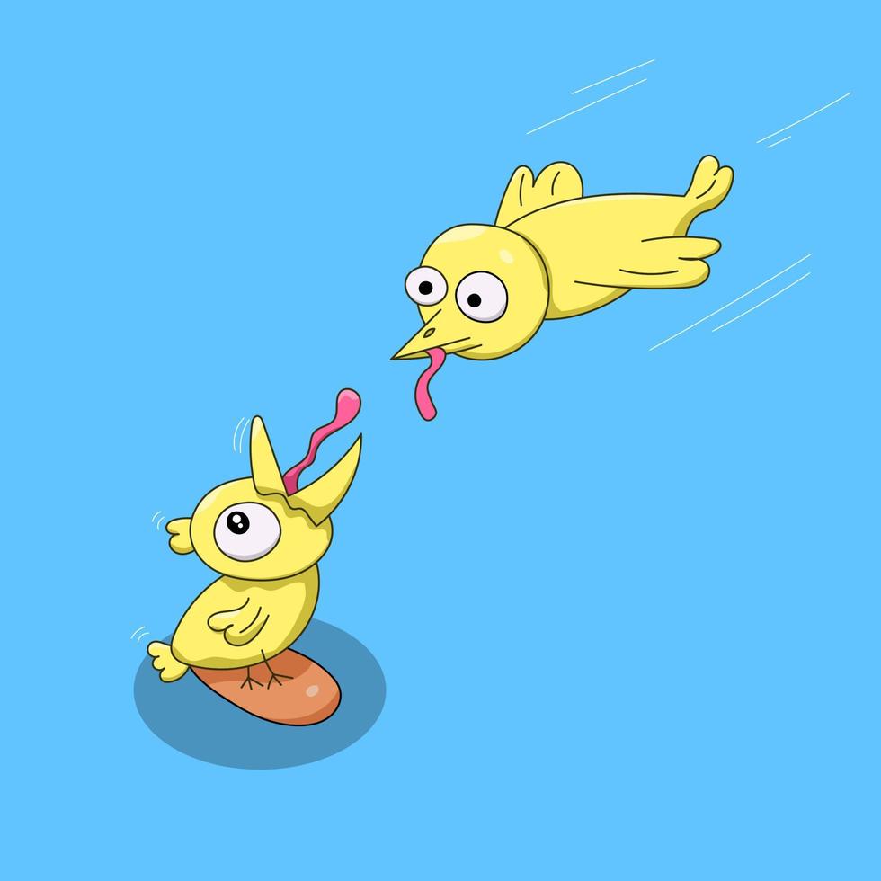 pájaro amarillo alimentando a su pollito ilustración vector