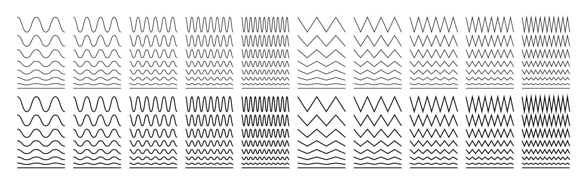 Líneas onduladas, en zigzag y sinusoidales. establecer decoración, divisores. ilustración vectorial aislada sobre fondo blanco. vector