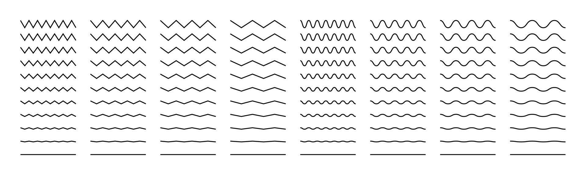 Líneas onduladas, en zigzag y sinusoidales. establecer decoración, divisores. ilustración vectorial aislada sobre fondo blanco. vector