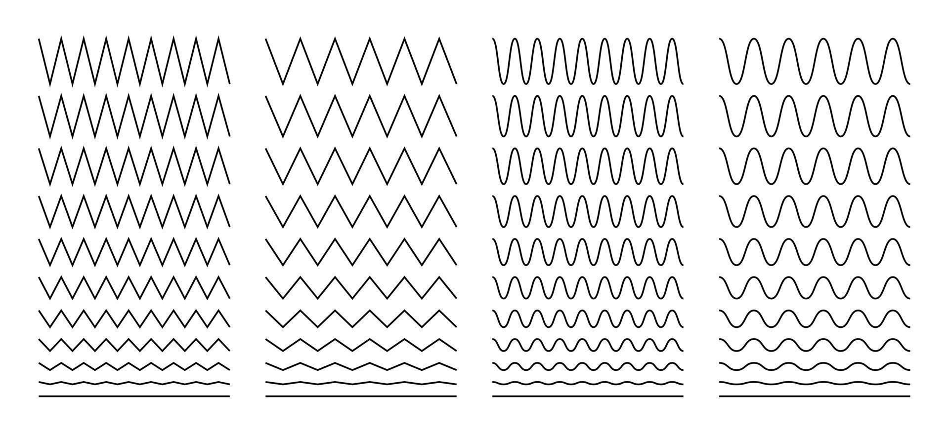 Líneas onduladas, en zigzag y sinusoidales. establecer decoración, divisores. ilustración vectorial aislada sobre fondo blanco. vector