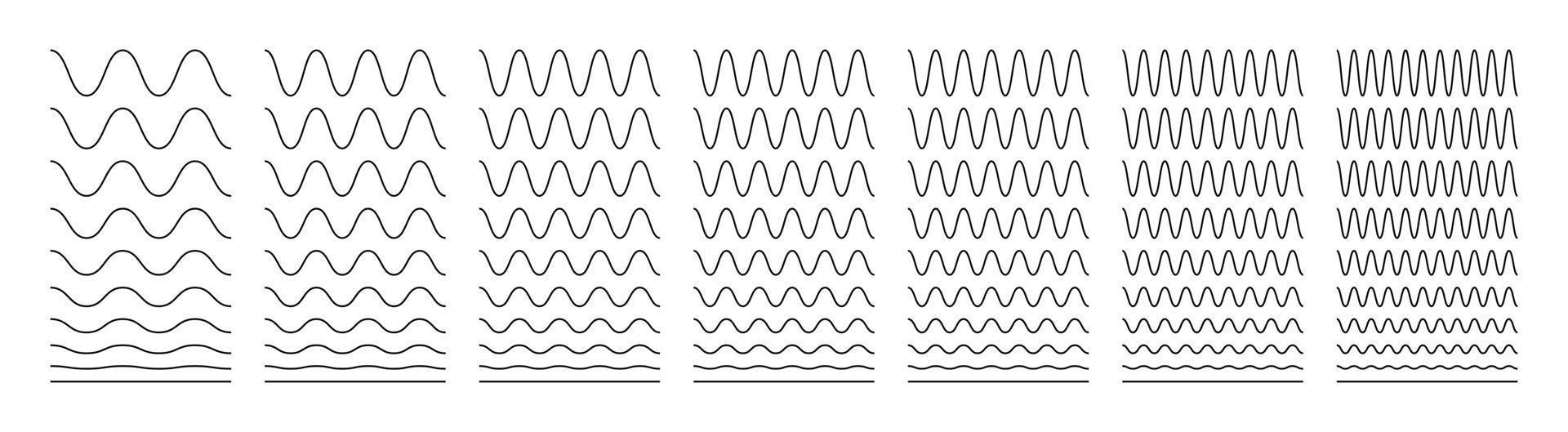 Wavy, zigzag and sinusoidal lines. Set decor, dividers. Isolated vector illustration on white background.