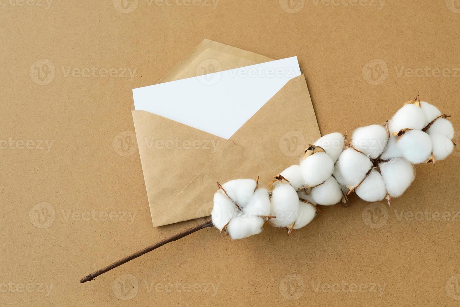 Blank card, vintage mail envelope on kraft paper background with cotton flowers branch, copy space photo