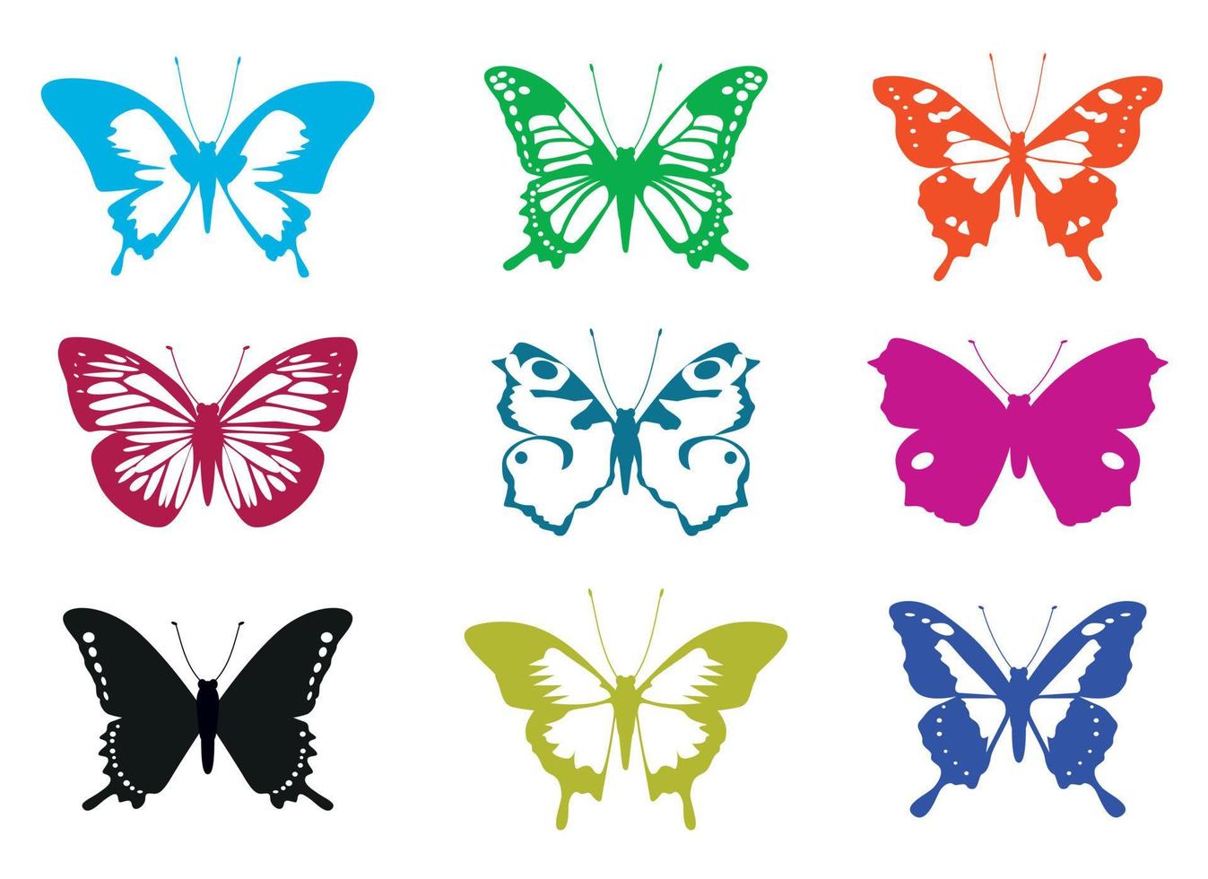 Set colour Butterfly Wings. Vector Illustration and outline Icons