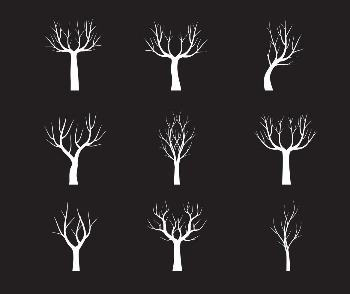 Set white Trees with roots and black background. Vector outline Illustration. EPS file.