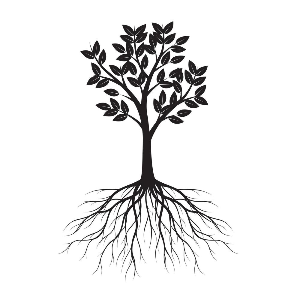 forma negra de árbol con hojas y raíces. ilustración de contorno vectorial. planta en jardín. vector