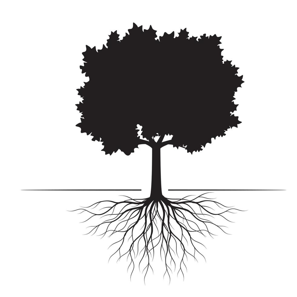 Black shape of Tree with Leaves and Roots. Vector outline Illustration. Plant in Garden.