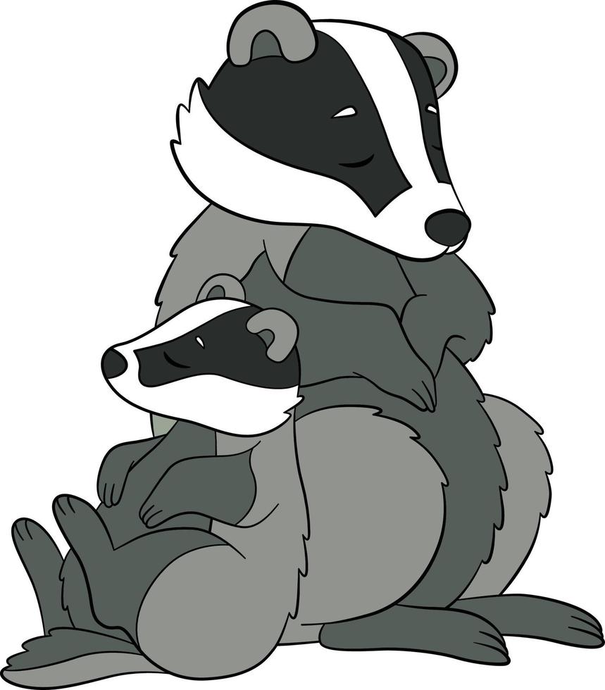 Cartoon wild animals. Mother badger sleeps with her little cute baby budger. vector