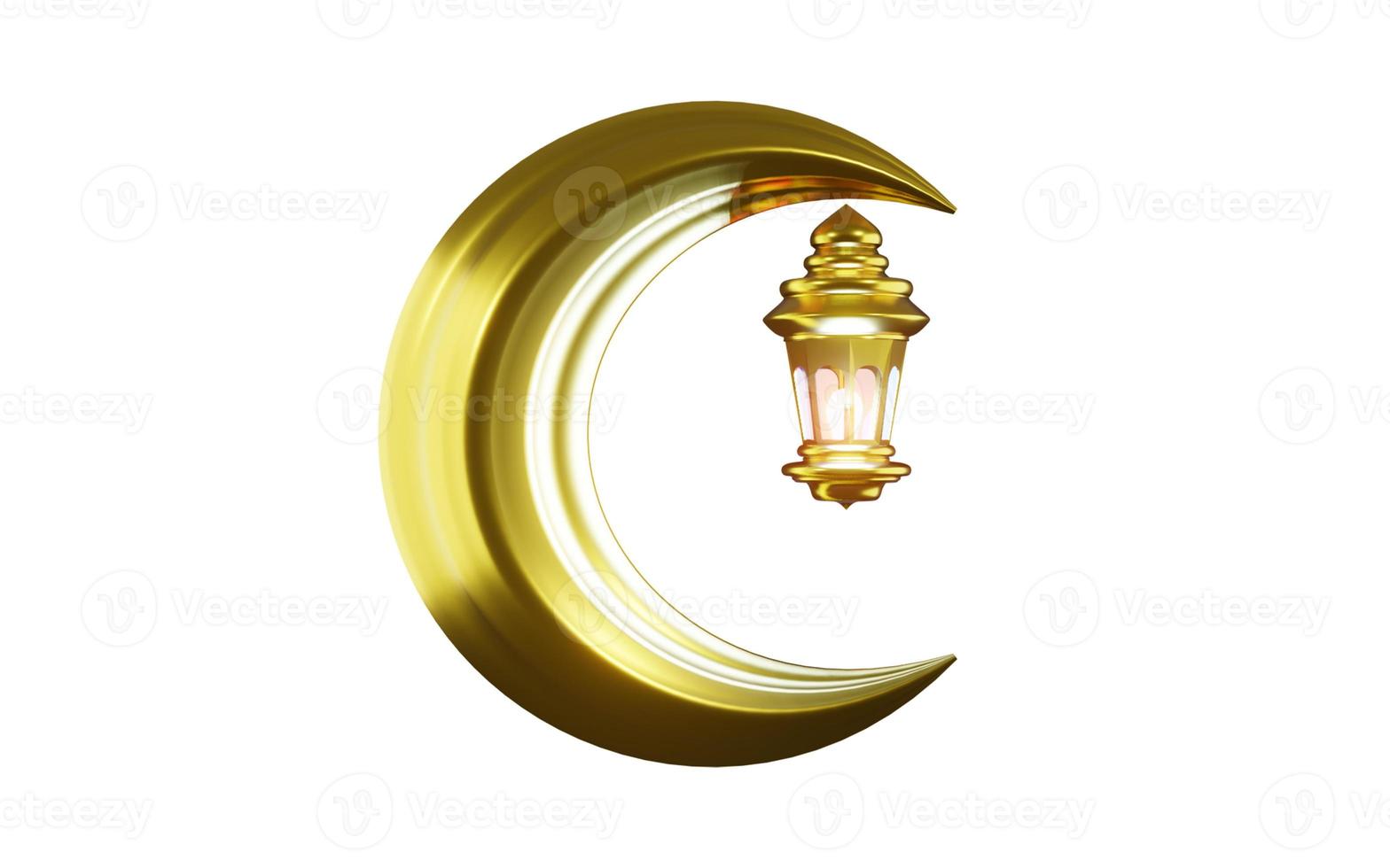 3d design of crescent moon and lantern illustration on white background photo