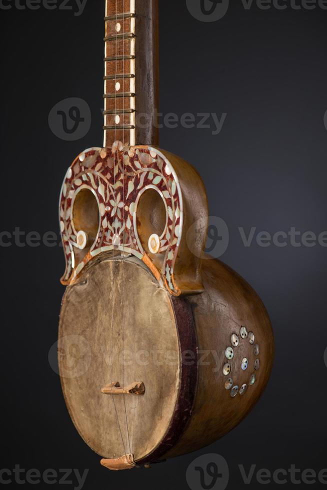 part ancient Asian stringed musical instrument on black background with backlight photo