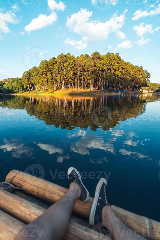 bamboo rafts in the river and nature travel photo