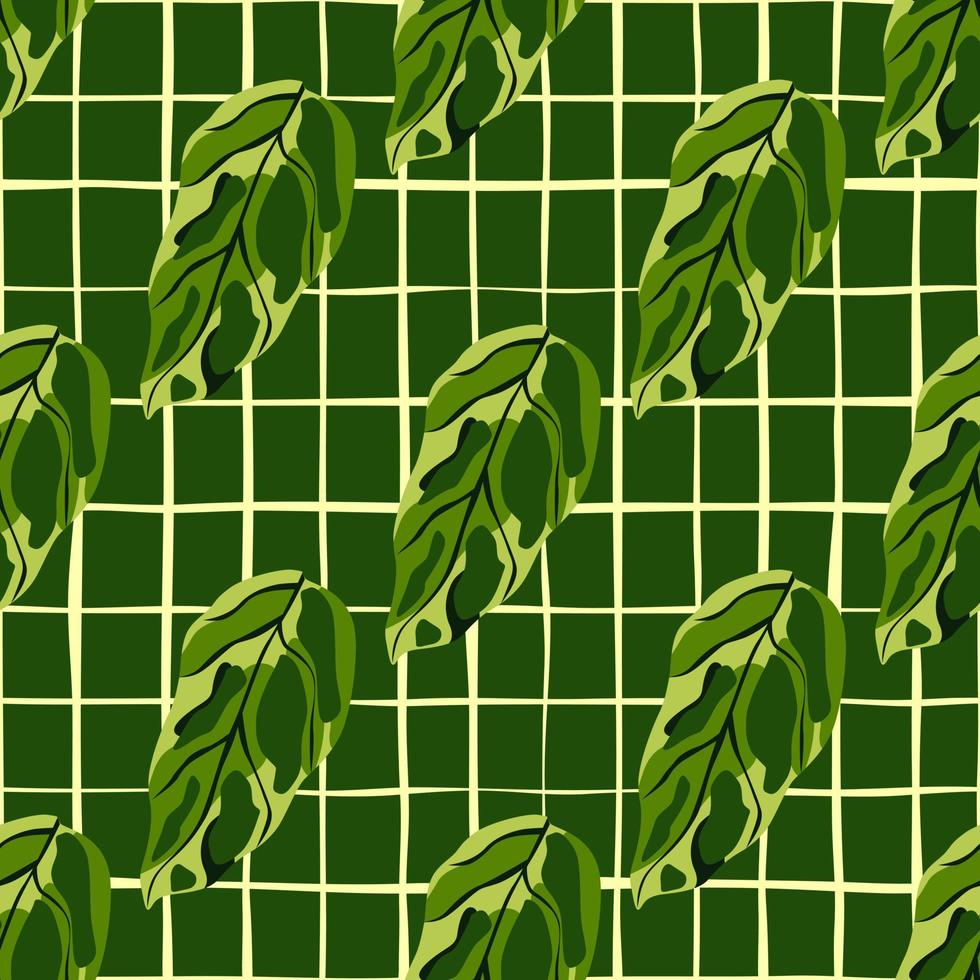 Green monstera silhouettes seamless pattern. Chequered background. Stylized tropical print. vector