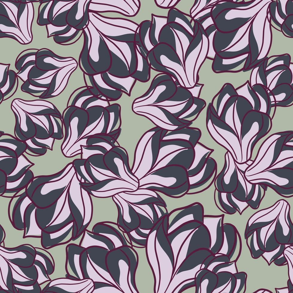 Seasonal seamless pattern with random purple magnolia flowers print. Pale green background. vector