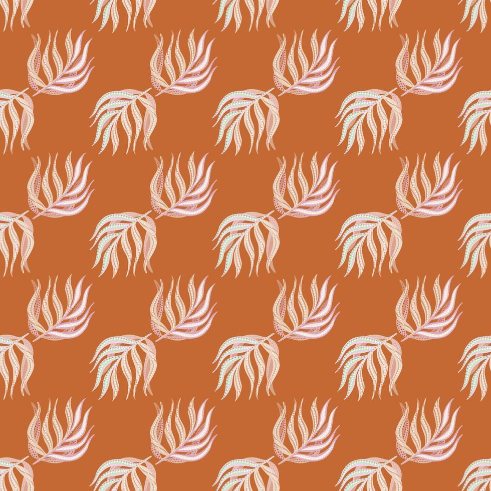 Summer style seamless pattern with little palm leaf elements. Orange background. Decorative print. vector