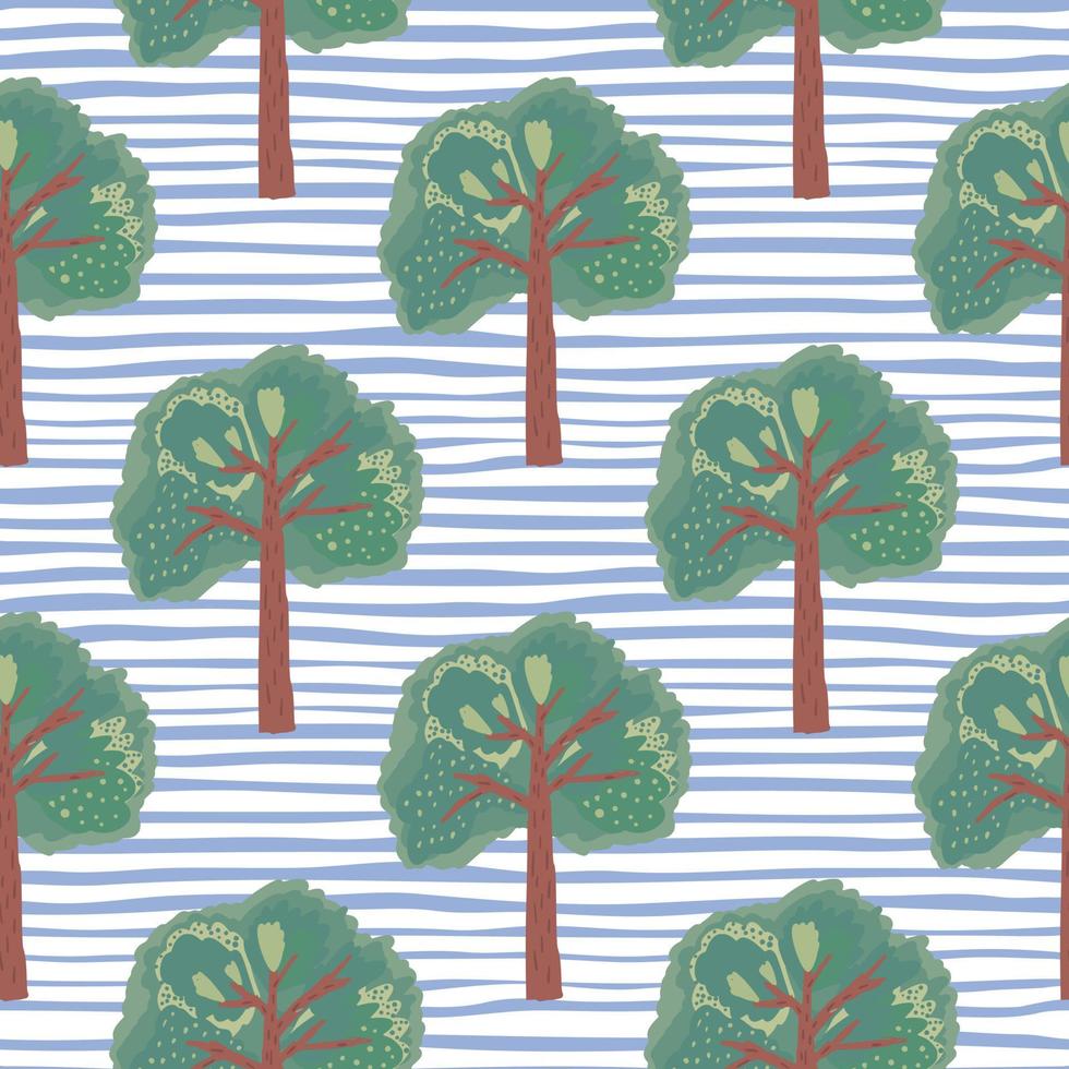 Tree hand drawn elements seamless doodle pattern. Green botanic ornament on background with blue and white strips. vector