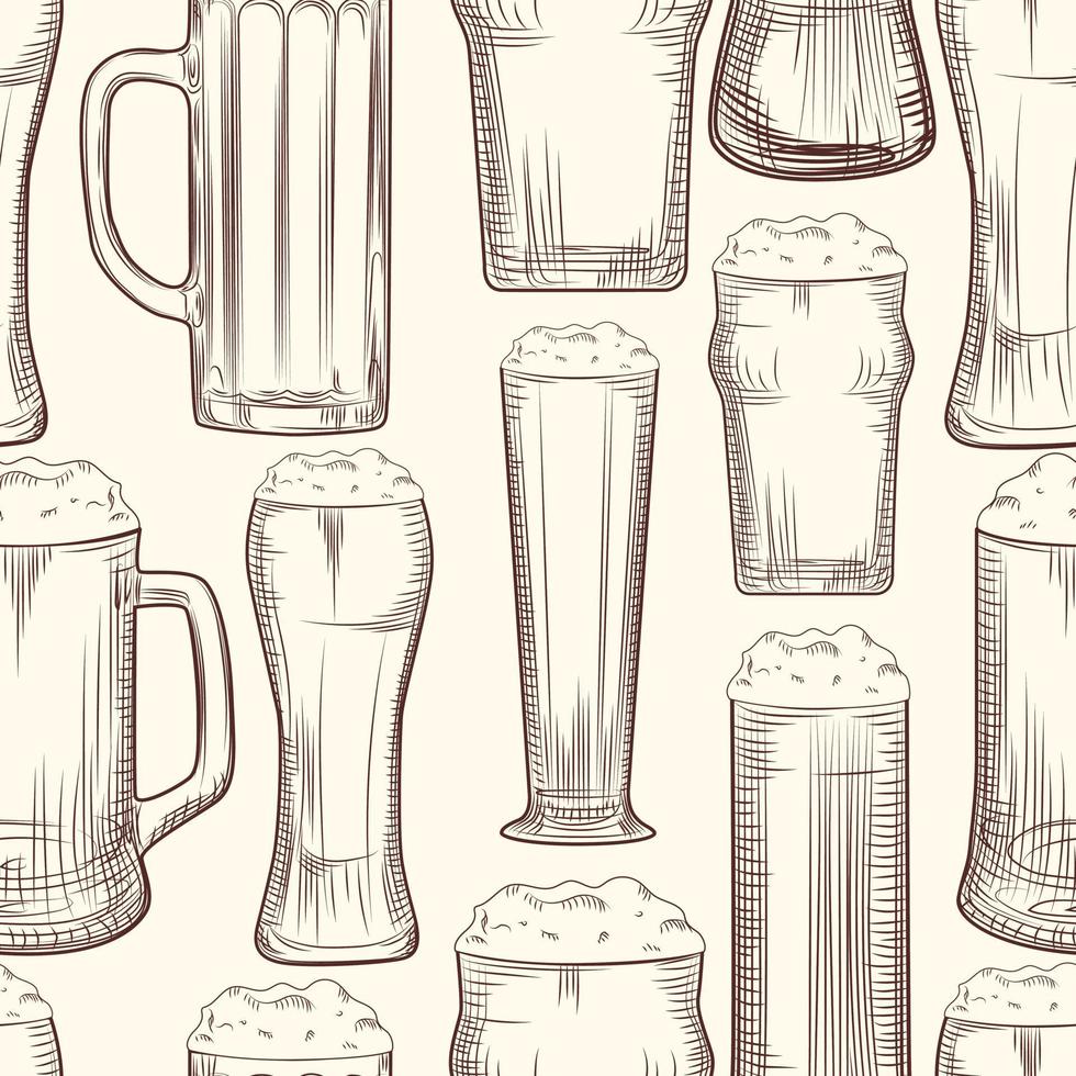 Full beer mug seamless pattern. Engraving style. Alcoholic beverage design. vector