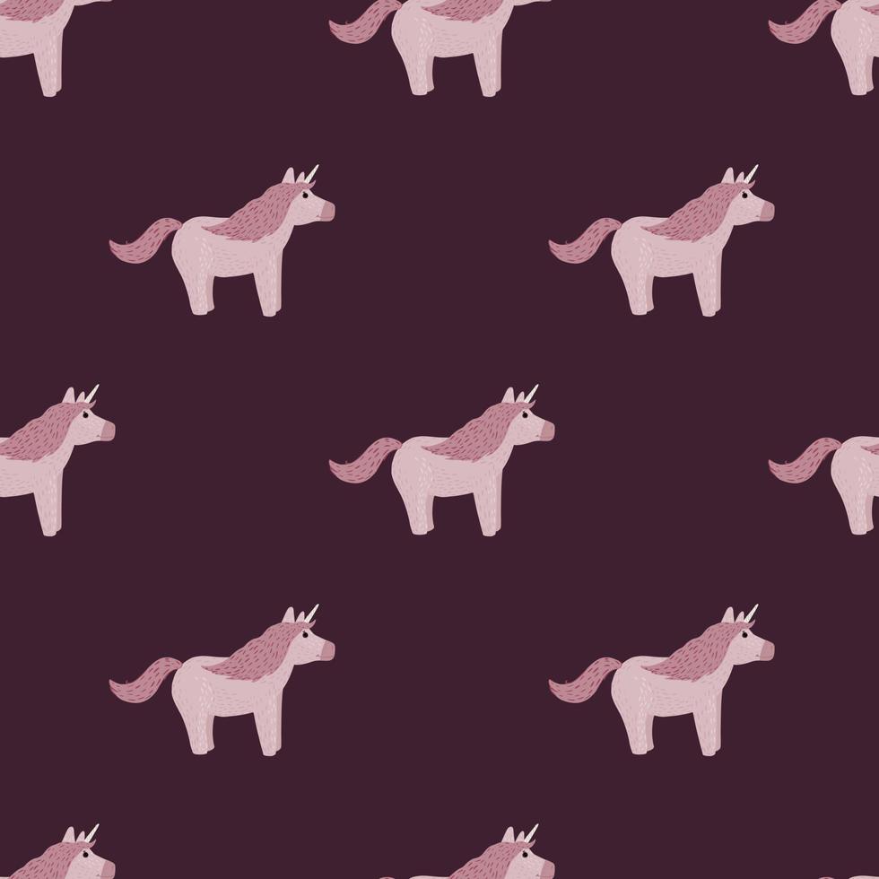 Fantasy seamless doodle pattern with unicorn simple ornament. Dark artwork with maroon tones background. vector