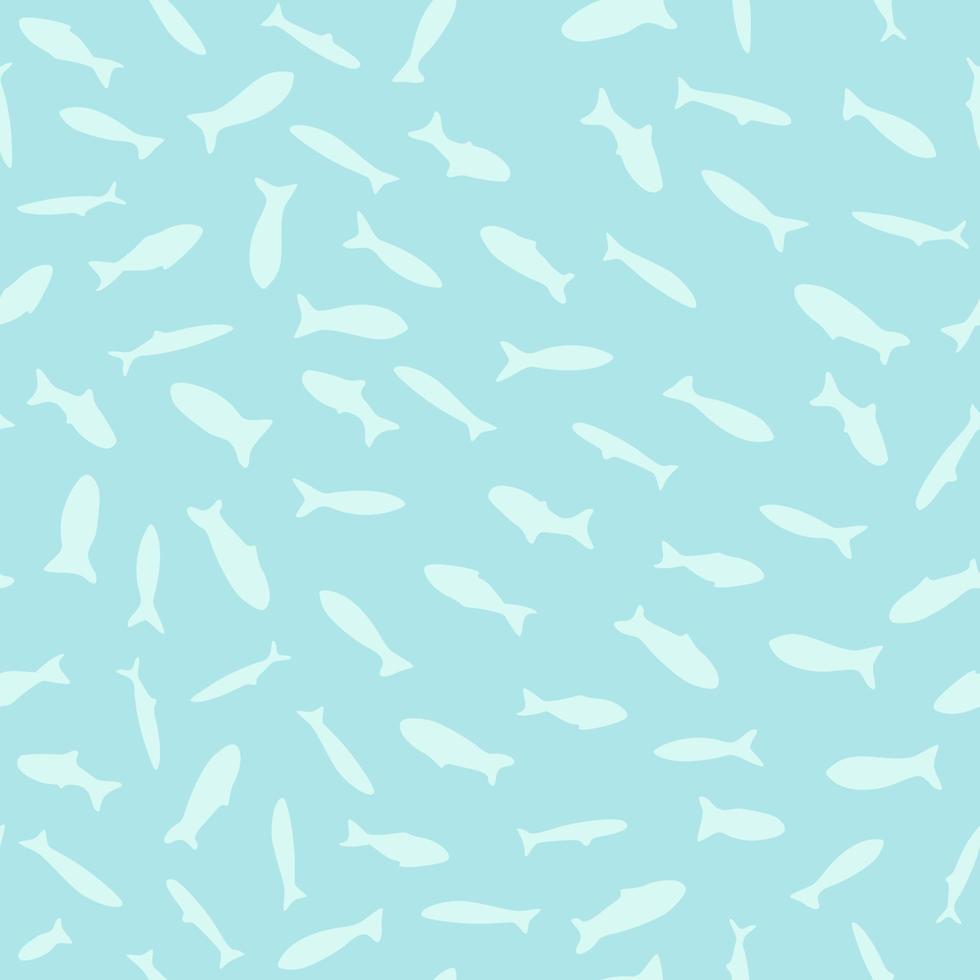 Light palette seamless pattern with sea school silhouettes. White fish little ornament with turquoise background. vector