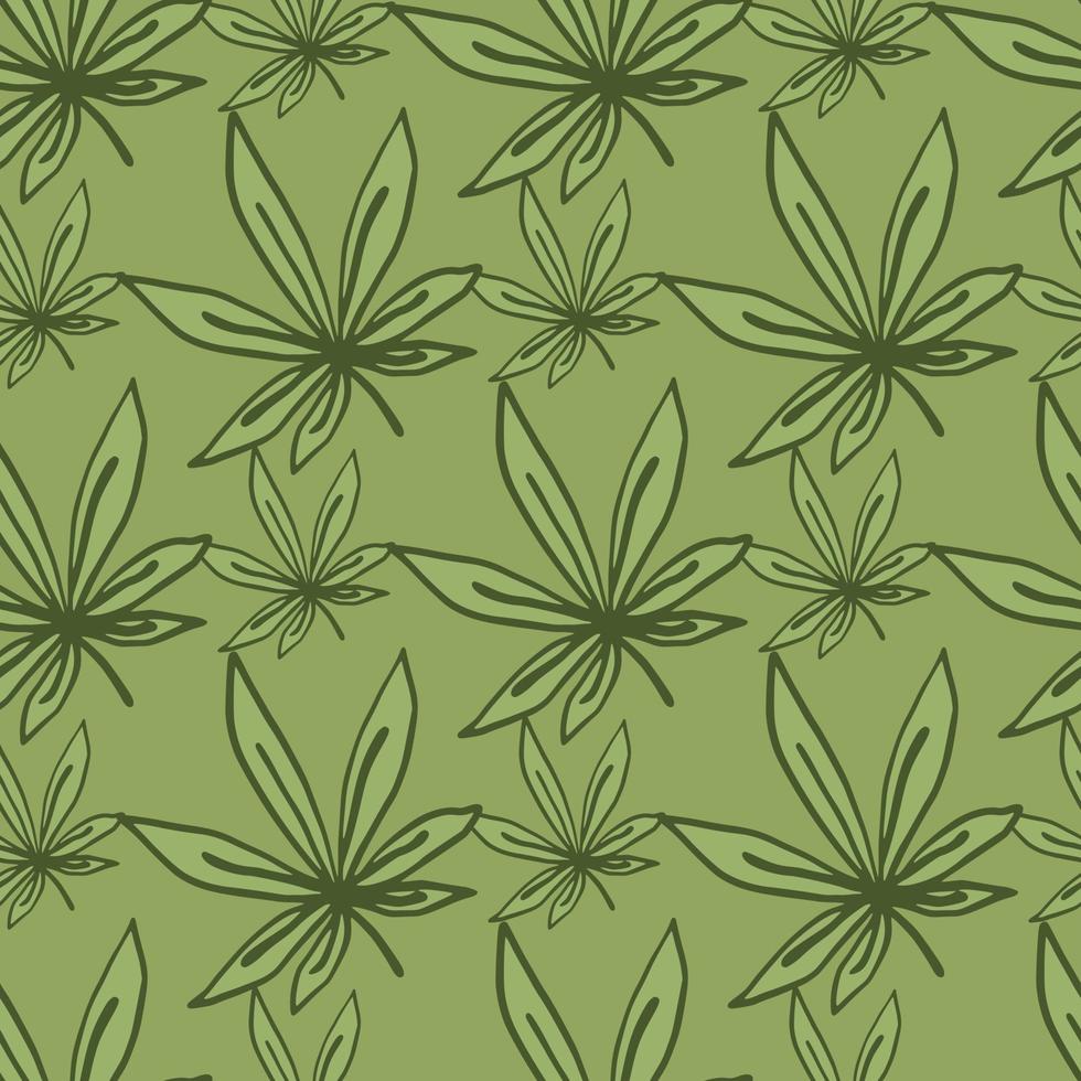 Floral seamless doodle pattern with hand drawn sheet leafs. Marijuana contoured elements and background in green colors. vector