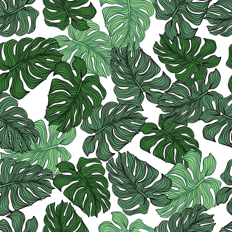 Chaotic monstera leaf seamless pattern on white background. vector