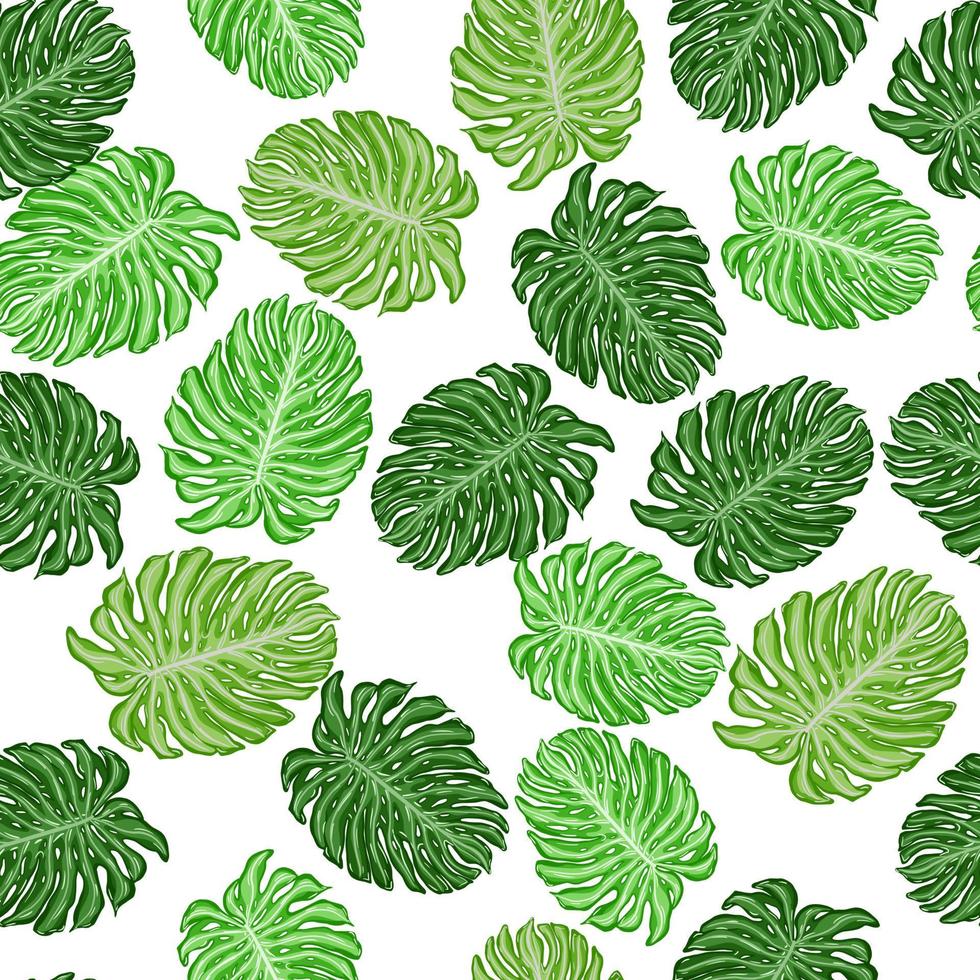 Bright green monstera leaves print seamless pattern. White background. vector